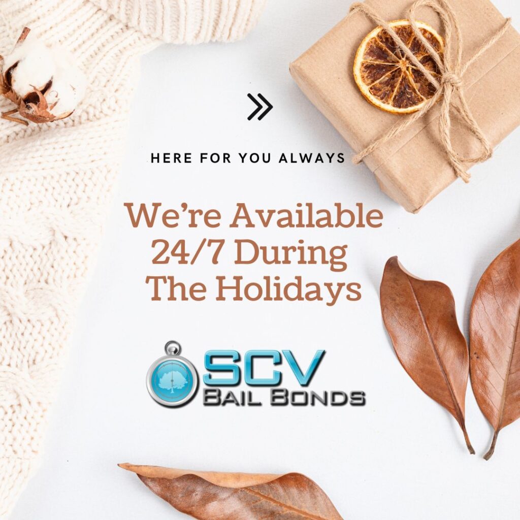 Holiday-themed graphic for SCV Bail Bonds featuring festive colors, and the message ‘Holiday Bail Assistance available 24/7 — SCV Bail Bonds.’ Promotes 24/7 bail help in Santa Clarita during the holiday season.
