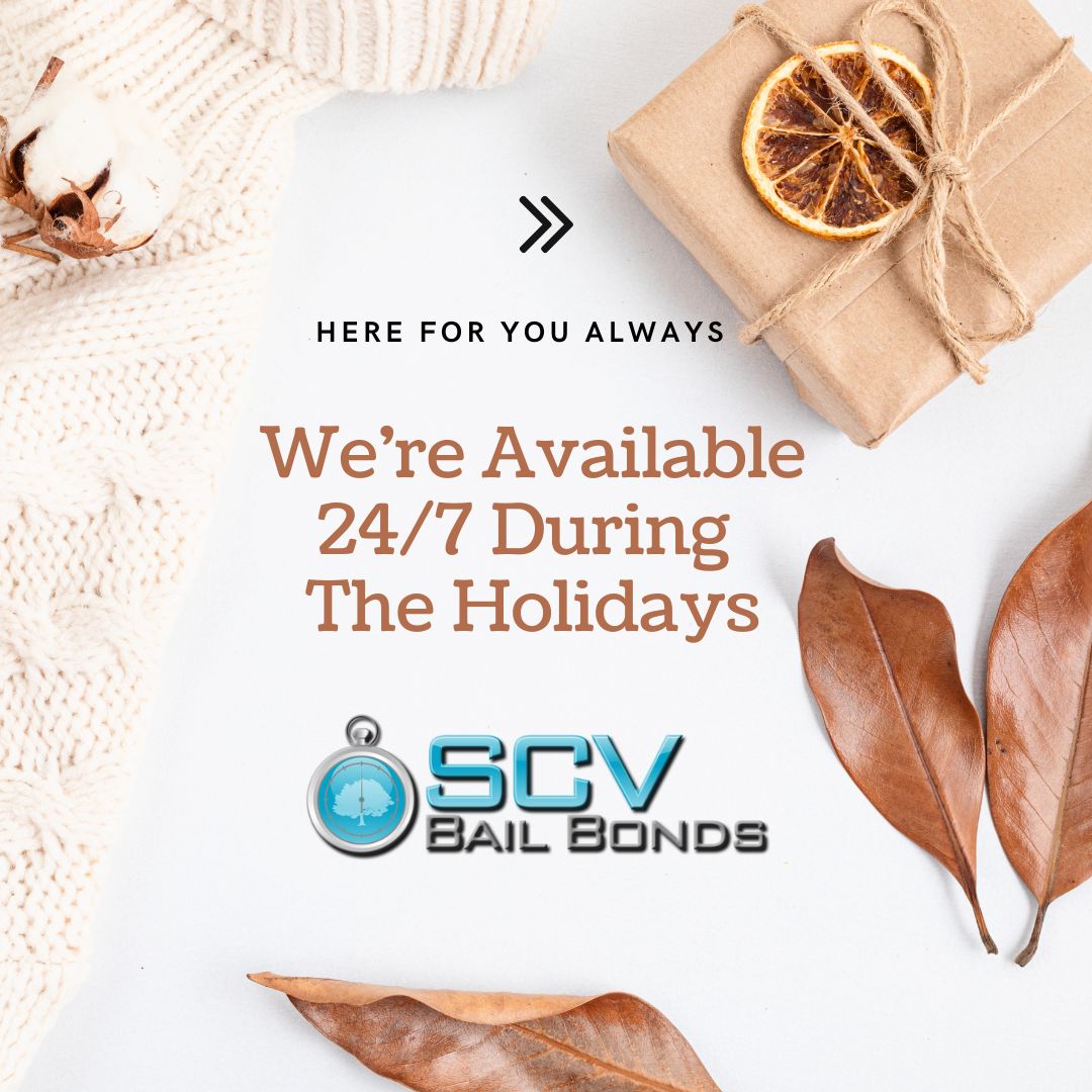 Holiday-themed graphic for SCV Bail Bonds featuring festive colors, and the message ‘Holiday Bail Assistance available 24/7 — SCV Bail Bonds.’ Promotes 24/7 bail help in Santa Clarita during the holiday season.