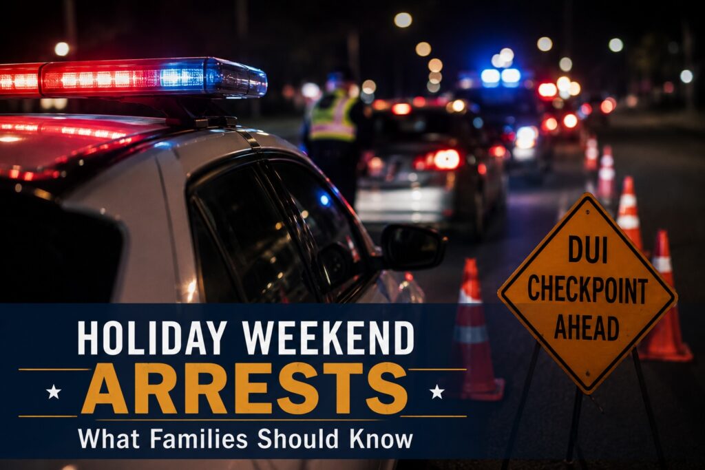 Holiday weekend DUI checkpoint and police traffic stop scene in Los Angeles County with flashing lights and road safety enforcement at night